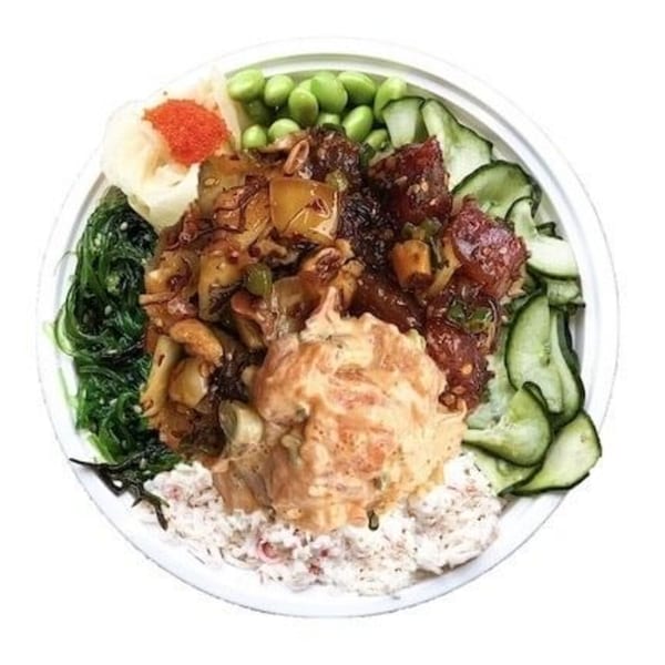 GoPoke bowl with tuna poke, seaweed salad, edamame, cucumbers, and spicy mayo over rice.