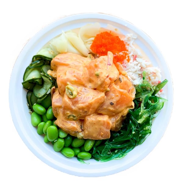GoPoke's spicy salmon poke bowl with edamame, cucumber, seaweed salad, crab, and roe.