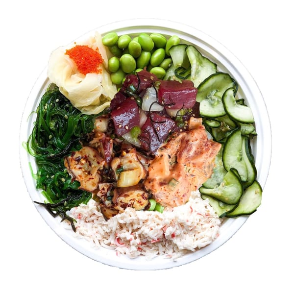 GoPoke bowl with tuna, salmon, crab, seaweed, edamame, cucumber, and ginger with roe.